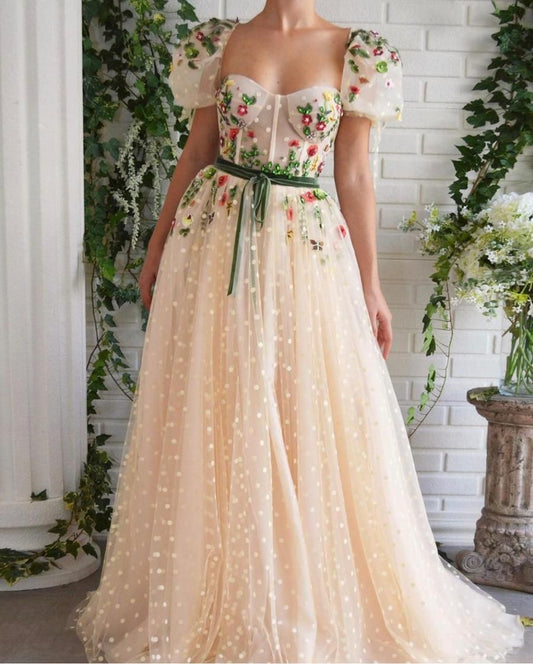 Princess Embroidery Dots A-line Prom Dresses