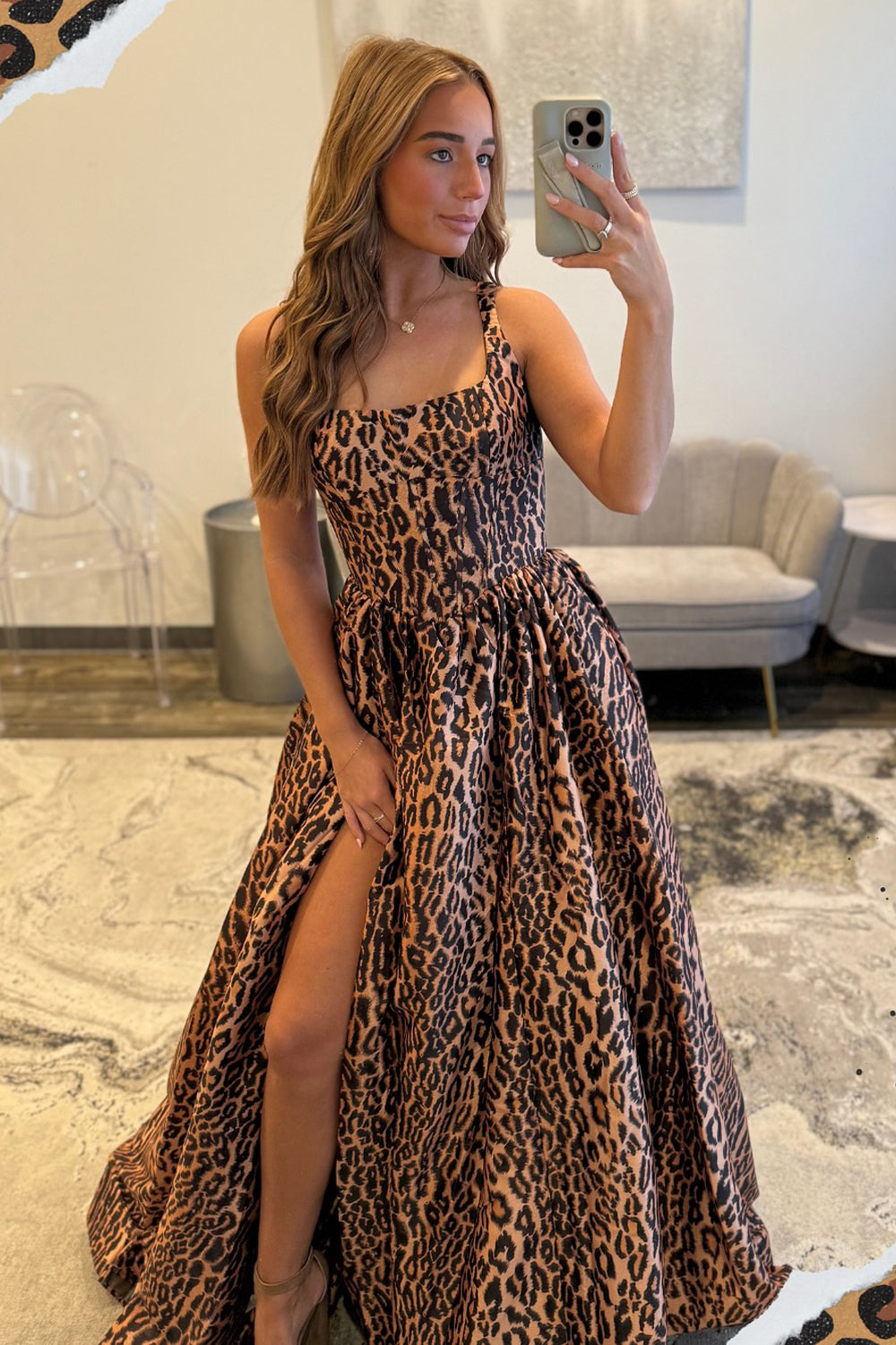 A Line Squard Neck Leopard Print Satin Long Prom Dress with Slit