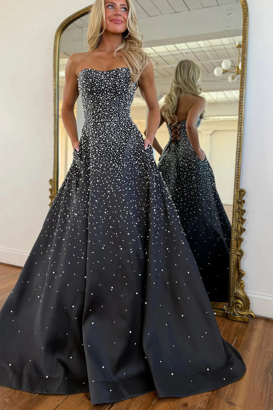 Pink A Line Sweetheart Hot Fix Satin Long Prom Dress with Beading