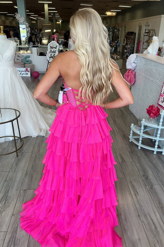 Cute A Line Scoop Neck Hot Pink Chiffon Tiered Prom Dress