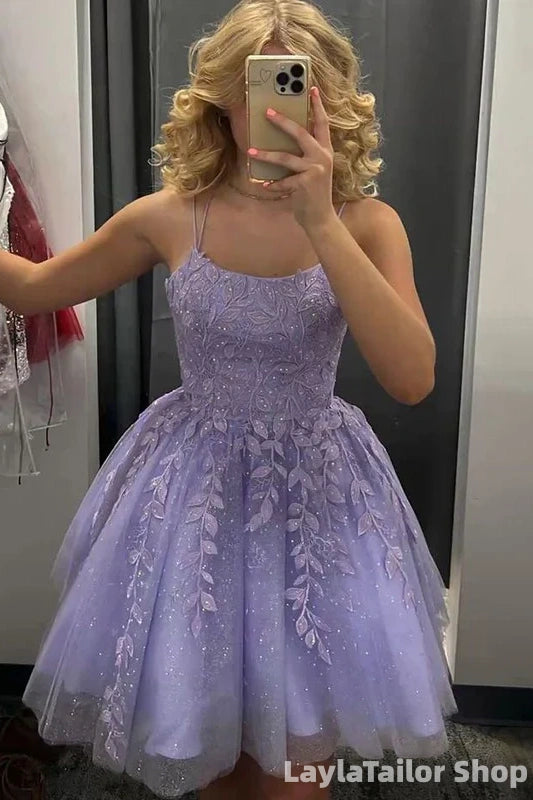 Elegant Purple Lace Appliques A-line Short Mini Homecoming Dress