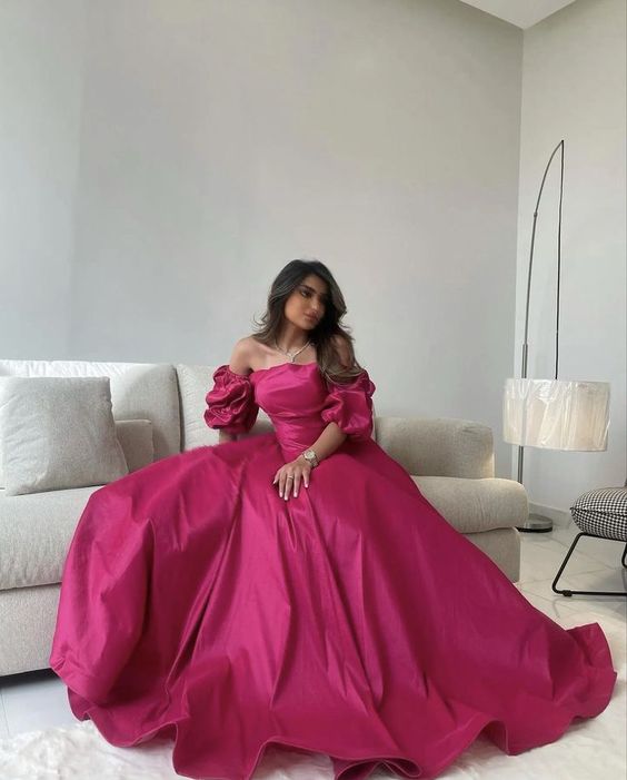 Fuchsia A-Line Satin Prom Dress, Hot Pink Bubble Sleeves Prom Dress In Laylatailor Shop Fuchsia A-Line Satin Prom Dress, Hot Pink Bubble Sleeves Prom Dress In Laylatailor Shop