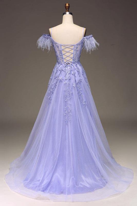 Straps Blue Sheer Appliques A-line Long Dress