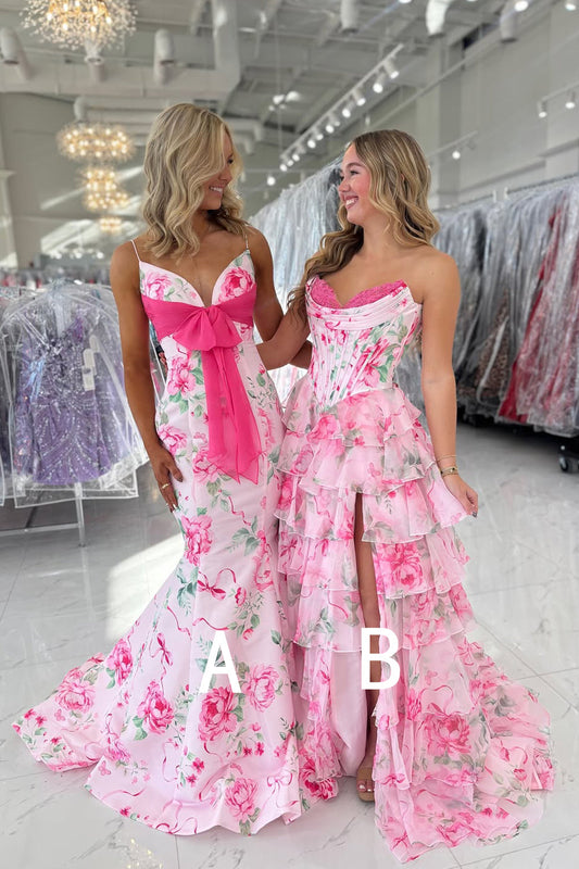 Cute A Line Sweetheart Pink Floarl Print Satin Prom Dress