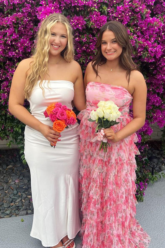 Strapless Floral A-line Ruffle Gown