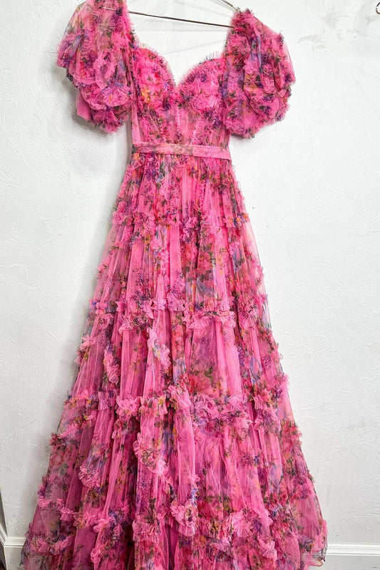 Short Pufff Sleeves Floral Ruffle A-line Prom Gown