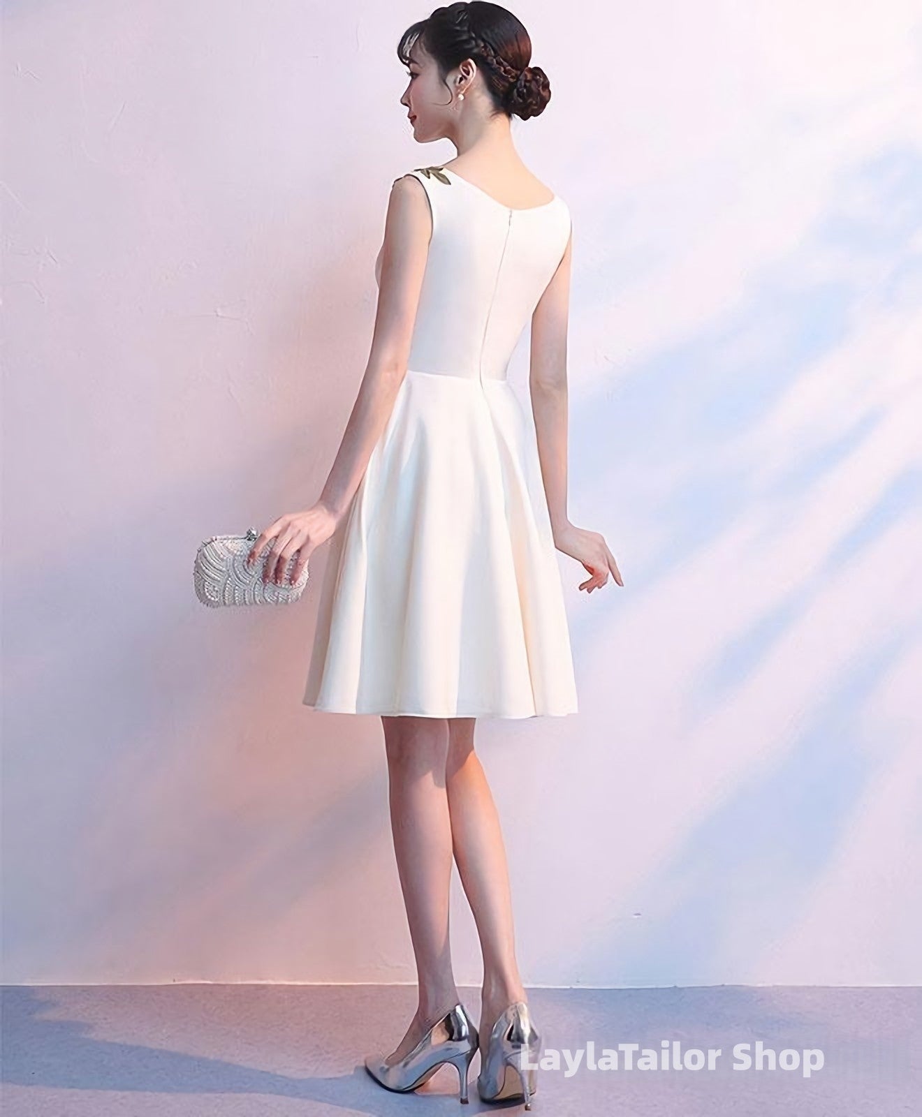 Simple White Satin Applique Short Prom Dress Cute Homecoming Dress