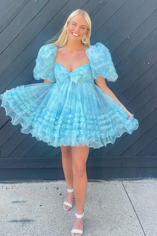 Princess Bubble Sleeves Ruffle Homecoming Dress
