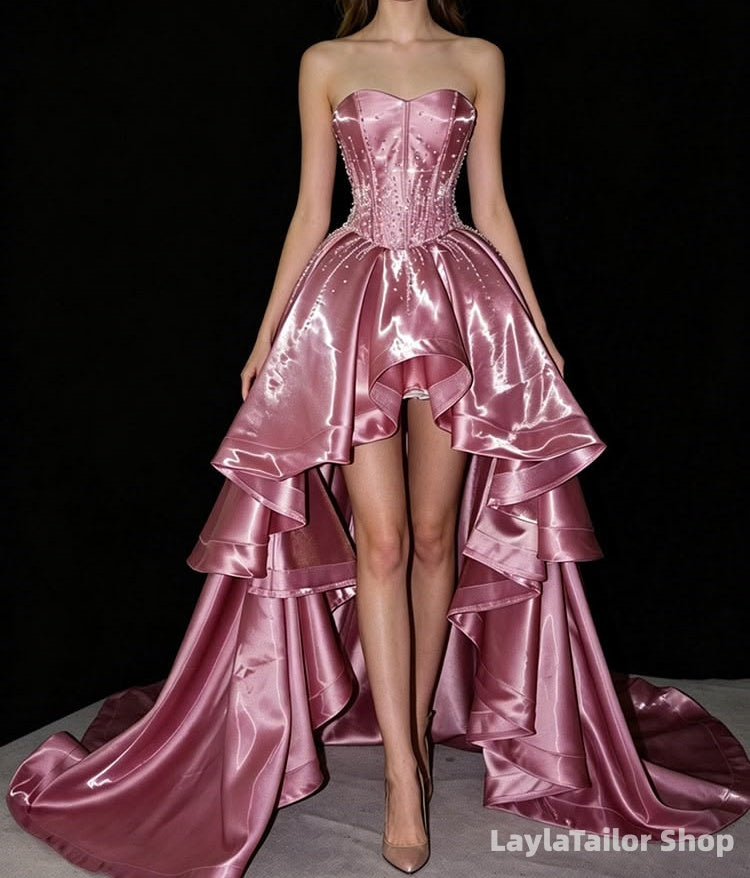Elegant Pink Beaded Party Dress Sweetheart Hi-Lo Evening Homecoming Dresses