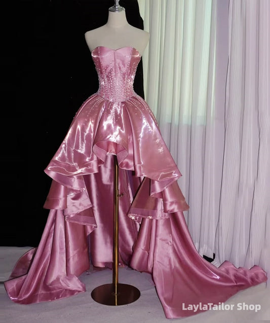 Elegant Pink Beaded Party Dress Sweetheart Hi-Lo Evening Homecoming Dresses