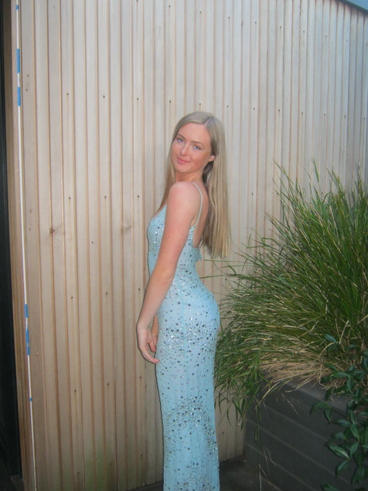 Baby Blue Sheath Spaghetti Straps Sequin Beaded Chiffon Prom Dress Wedding Guest Dress