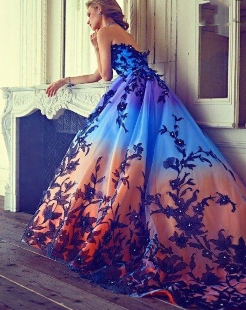 Gradient Color Appliques Beaded Quinceanera Dress,Strapless Long Prom Dress