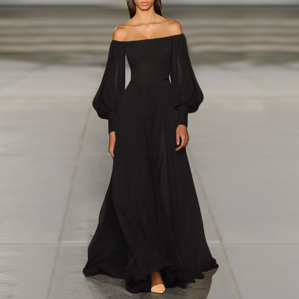 Elegant Sexy Strapless Tube Top Solid Color Lantern Sleeve Chiffon Dress