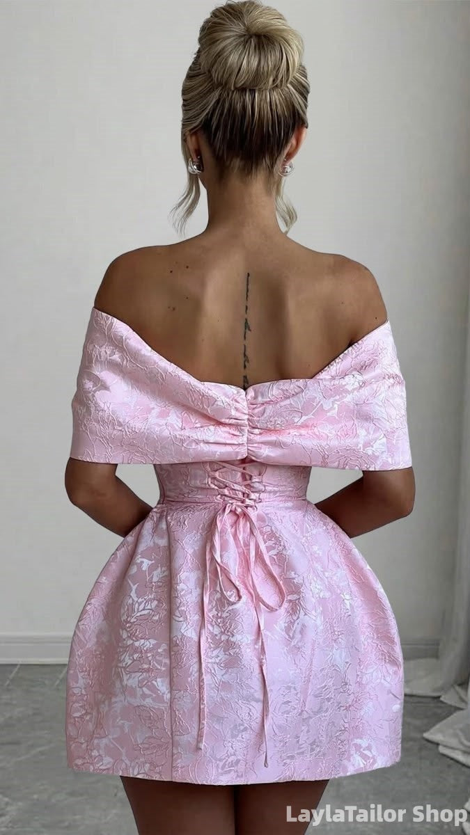 Off The Shoulder Pink Floral Print Homecoming Dresses