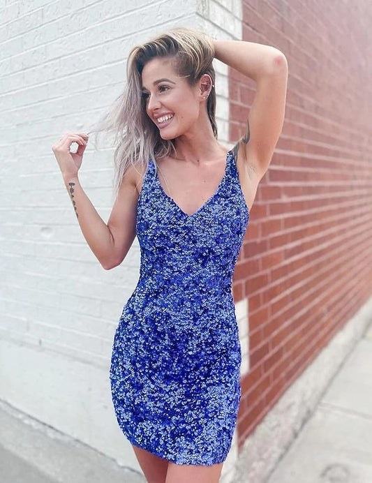 Blue Sequin Bodycon Homecoming Dresses Tight, Mini Party Dresses