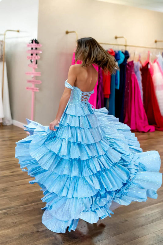 A-Line Off the Shoulder Light Blue Ruffle Tiered Long Prom Dresses with Slit