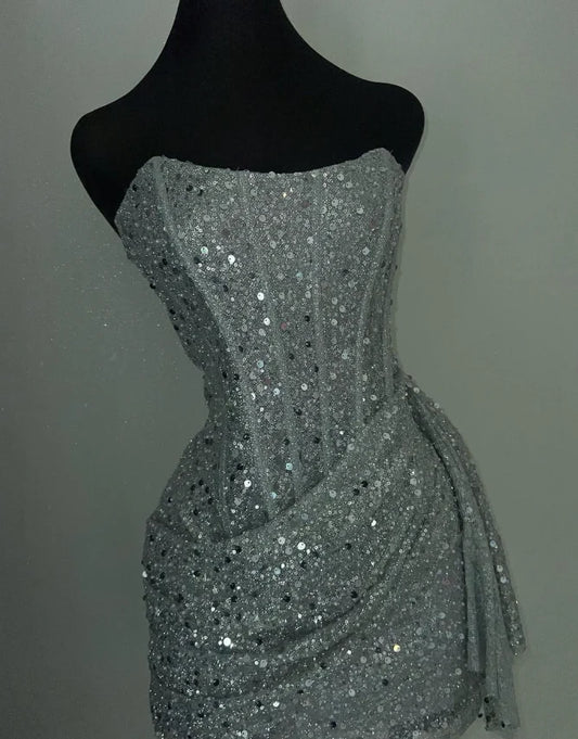 Glitter Strapless Bodycon Homecoming Dresses Pleated Cocktail Dress, LTP3782