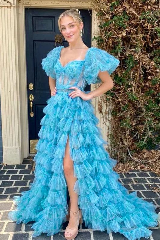 Puffy Sleeves Blue Floral Print Ruffles Long Prom Dress