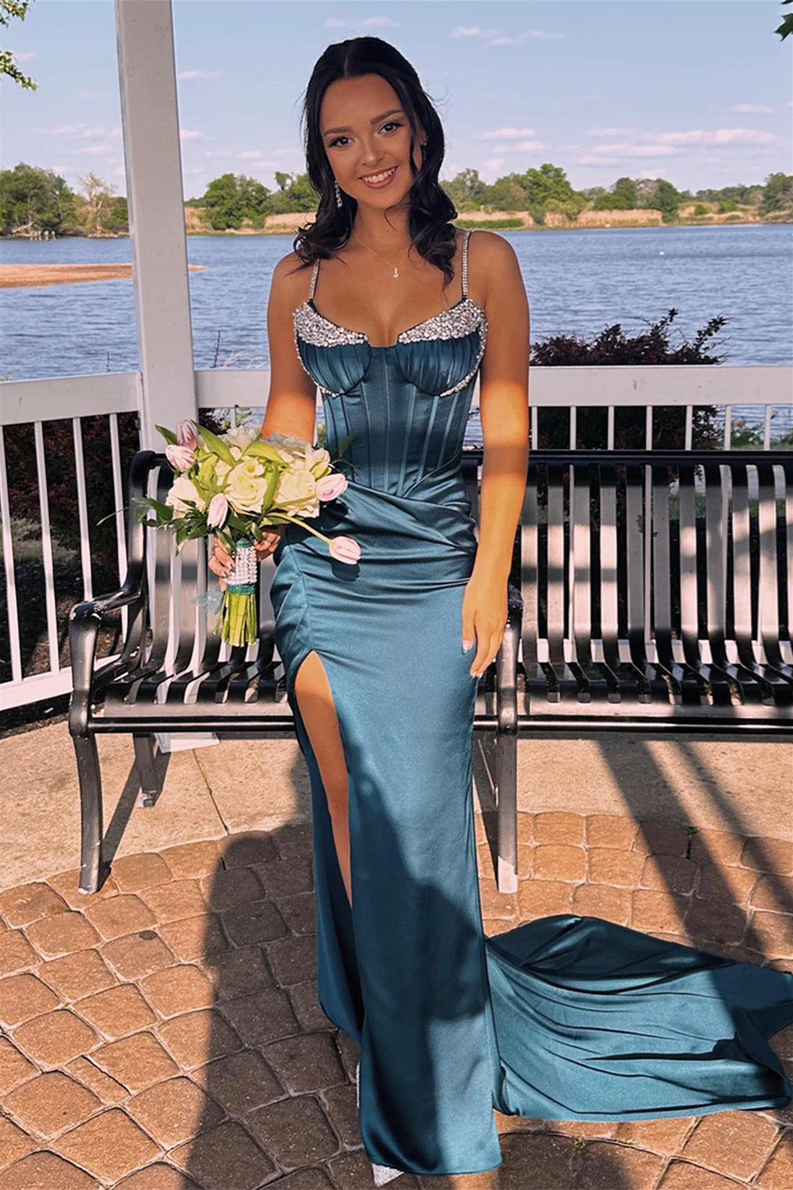 Luxury Beaded Spaghetti Straps Bodycon Prom Dresses With Side Slit