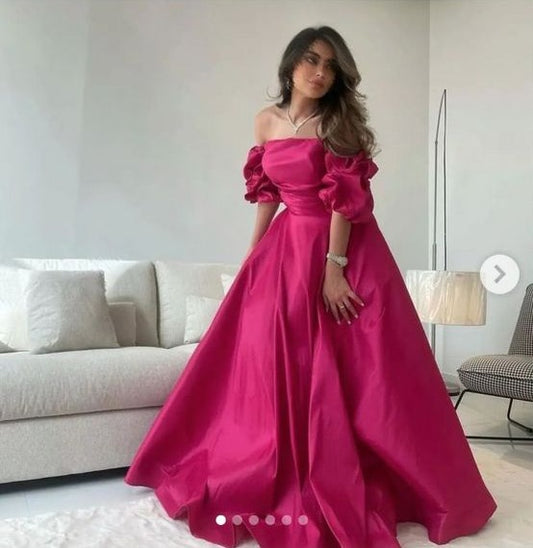 Fuchsia A-Line Satin Prom Dress, Hot Pink Bubble Sleeves Prom Dress Inspo