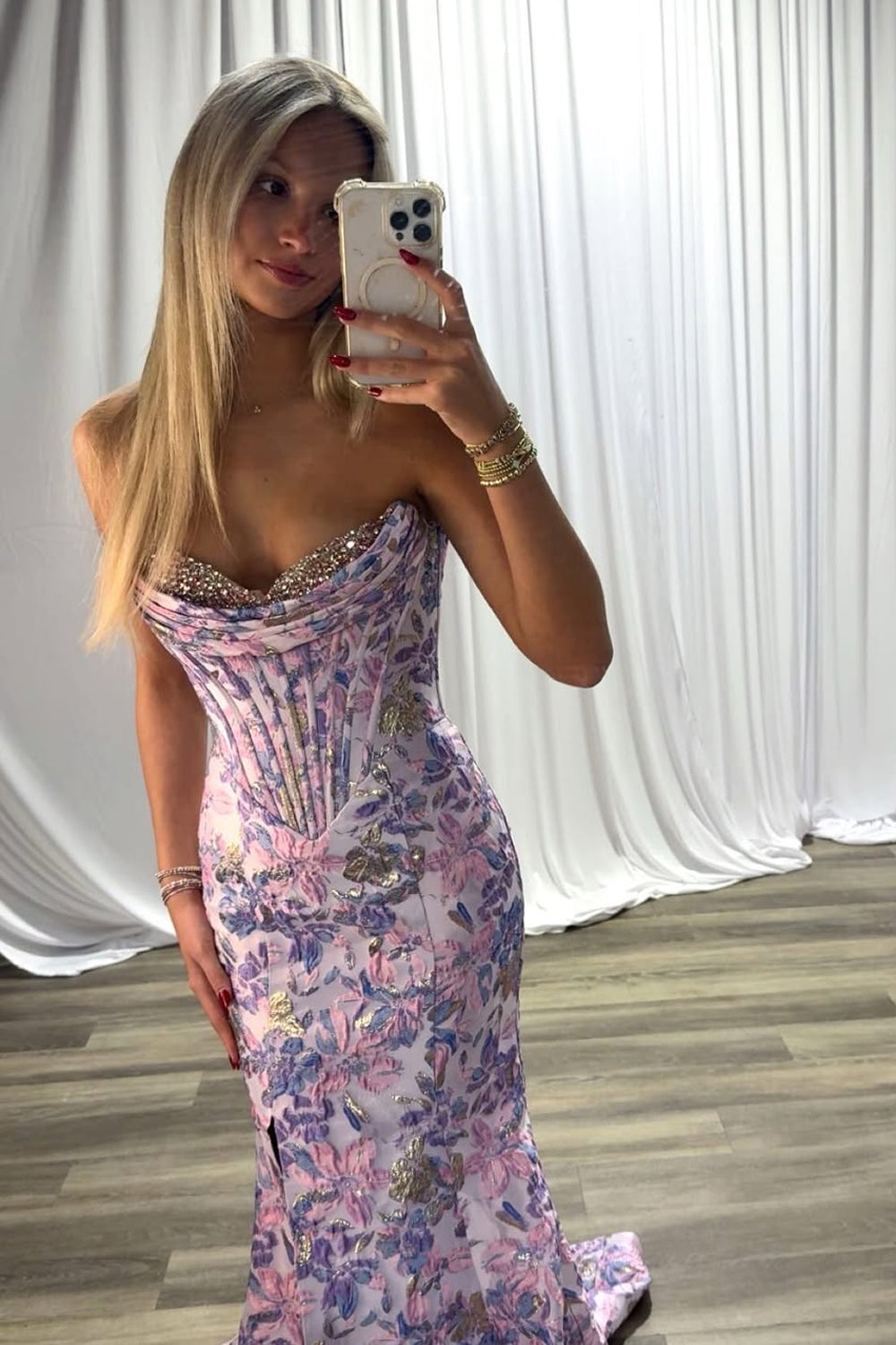 Cute Mermaid Lavender Jacquard Satin Prom Dress with Beading0