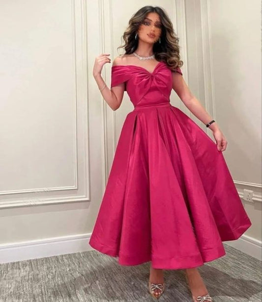 Off The Shoulder Preppy Prom Dress, Fuchsia Bowknot Top Satin Prom Dress, Discount 68% OFF