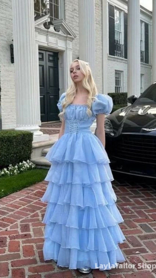Sky Blue Ruffle Prom Dresses Vintage Formal Party Dress,LTP3694
