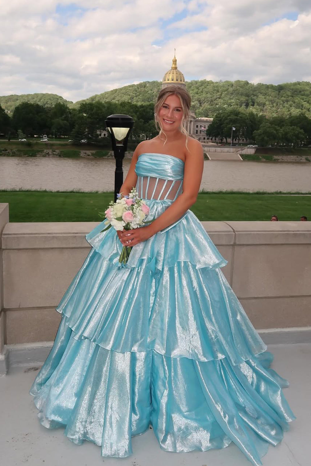 Gorgeous Ball Gown Strapless Aqua Tiered Organza Prom Gown with Bow