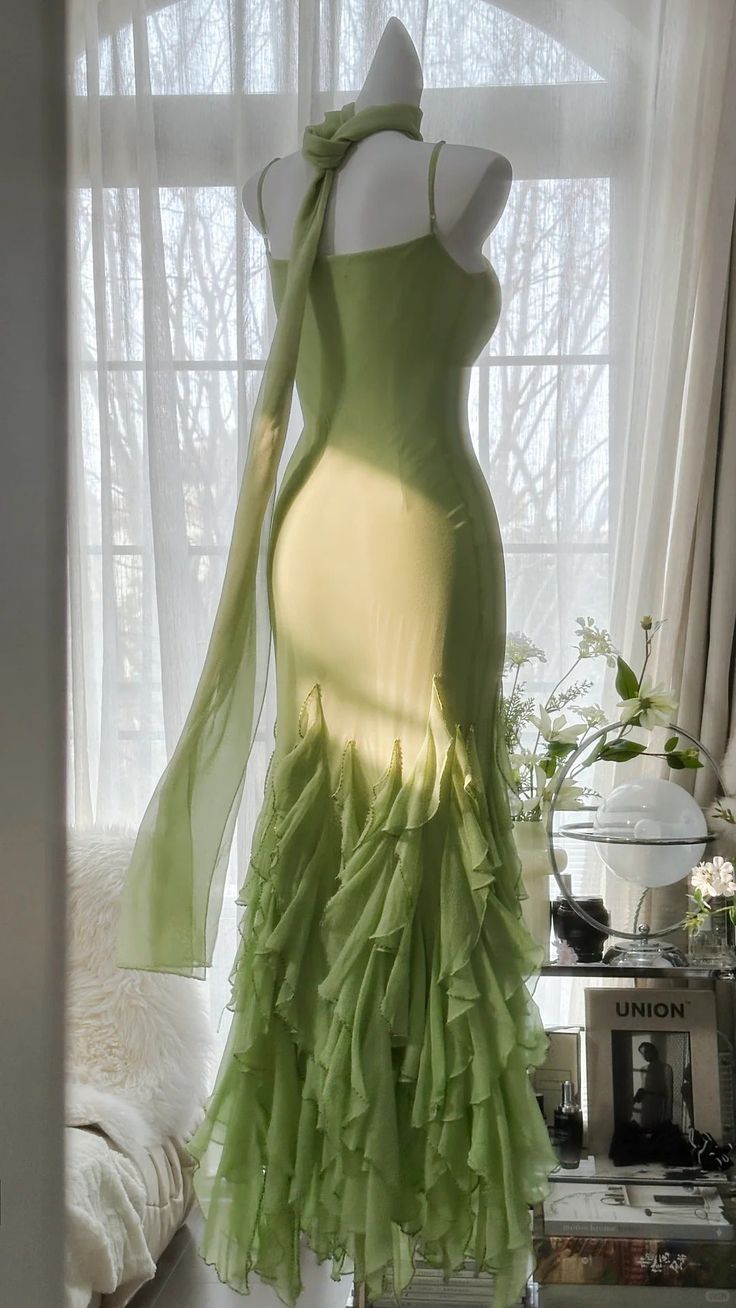 Spring Green Chiffon Ruffle Long Prom Dress,LTP4477