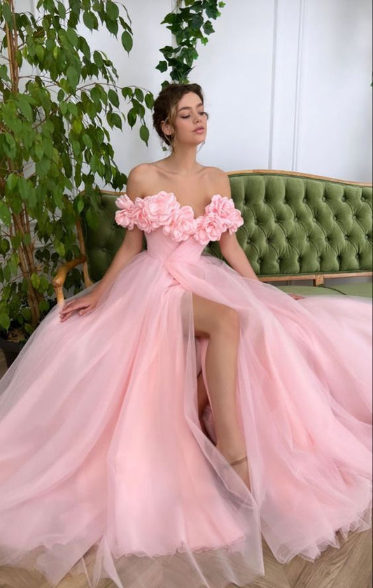 Pink Floral Prom Dresses, Off The Shoulder Evening Gown, Tulle Long Prom Dress 2024
