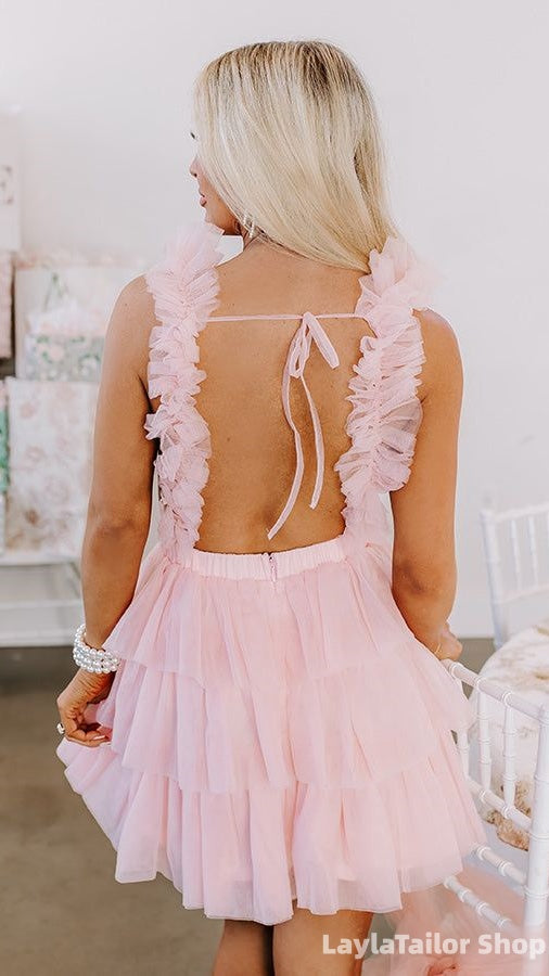 Pink Tulle Backless Short Homecoming Dresses Birthday Dress