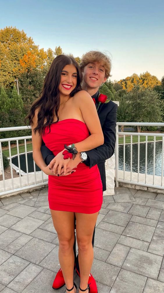 LTP1860,Red Strapless Pleated Mini Homecoming Dresses, Short Sleeveless Graduation Dress