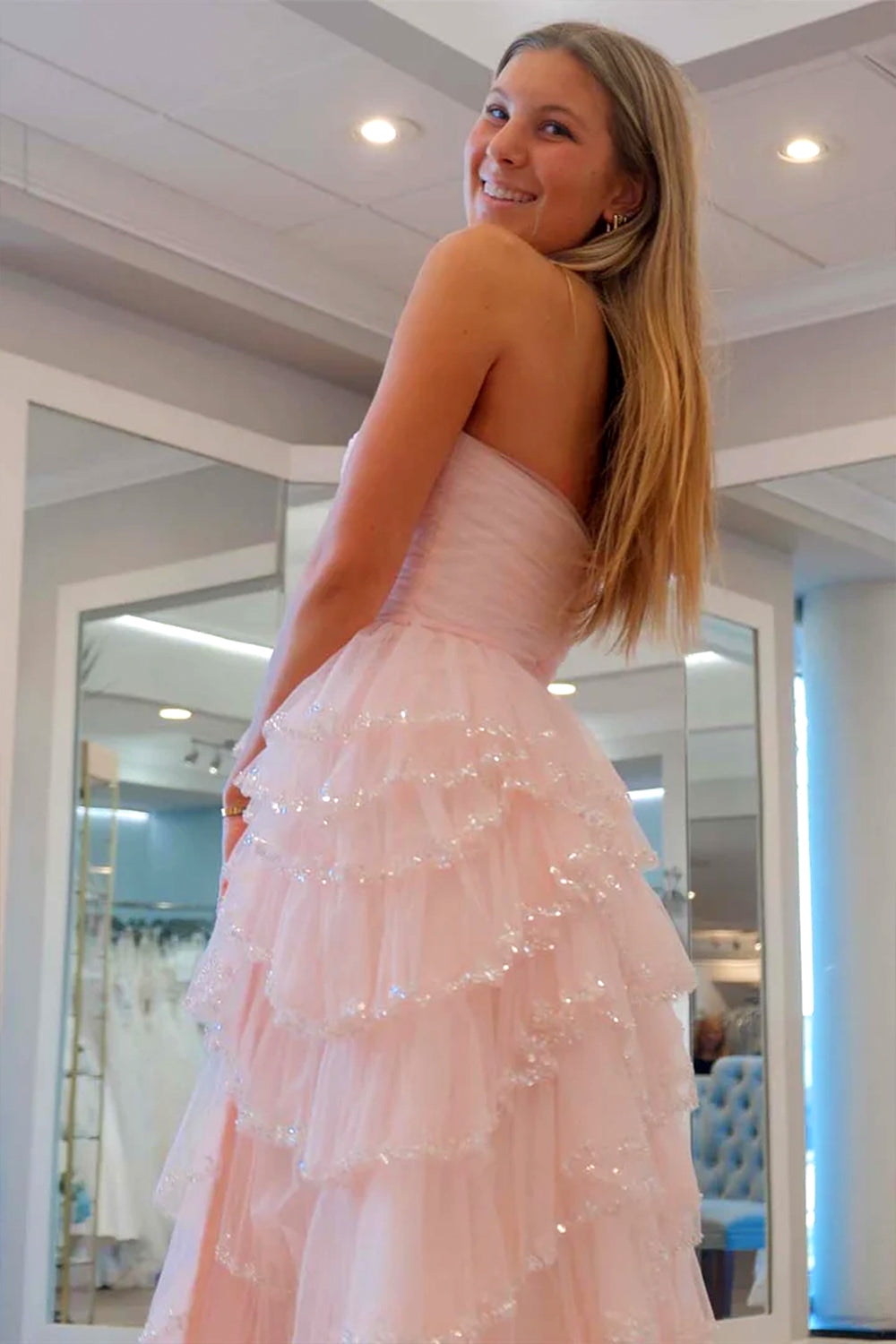 A Line Strapless Glitter Tulle Prom Dress with Layered Ruffle Skirt and Sequin Trim