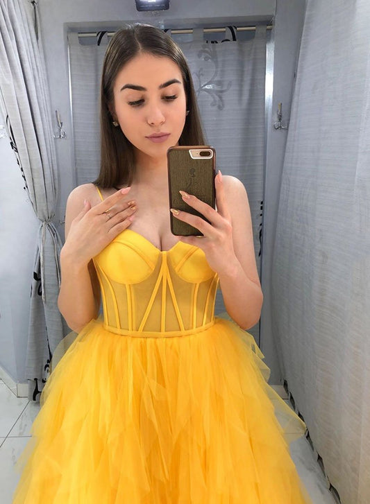 Yellow tulle long prom dress evening dress