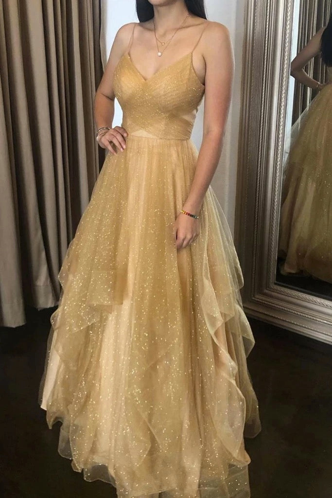 Gold Champagne Tulle Spaghetti Straps V Neck Open Back Long Prom Dress