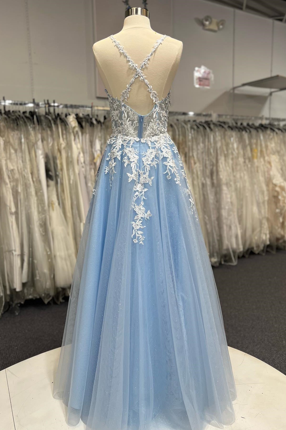 A-line Blue Tulle and White Lace Long Prom Dress
