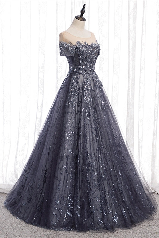 A-line Grey Appliques Long Formal Gown