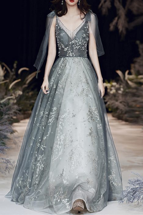 A-line Tulle Long Prom Dress with Tie Shoulders