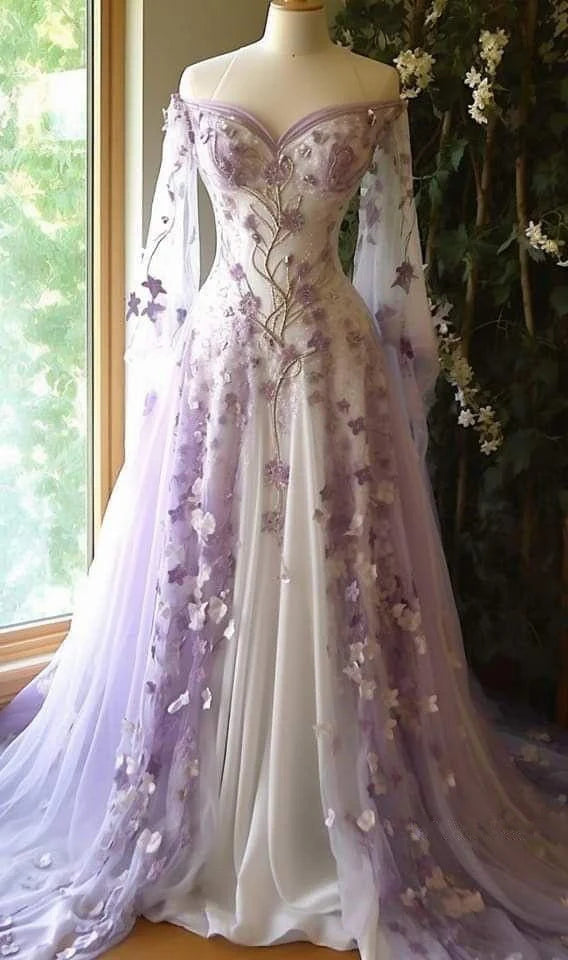 Aesthetic Ball Gown Off The Shoulder Tulle Lilac Party Dresses Long Prom Dress Evening Dresses, LTP3641