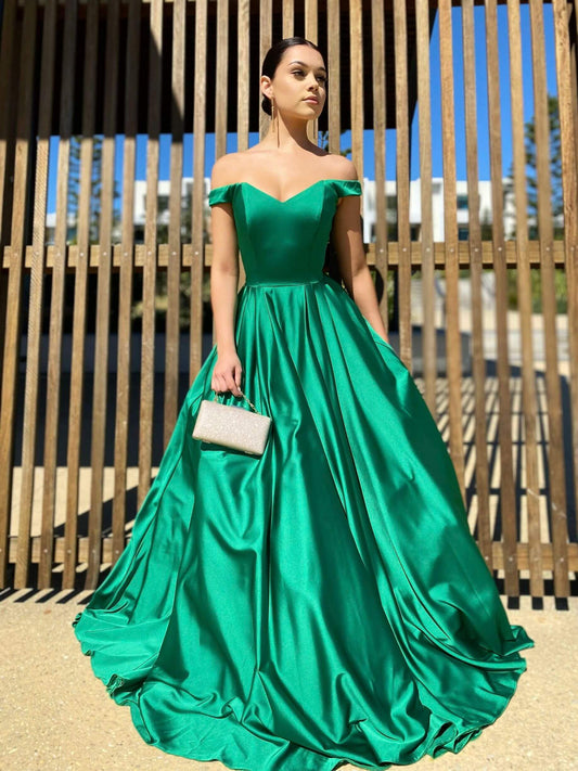 Off The Shoulder Green A-Line Satin Prom Dress