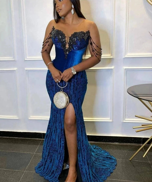 Black Girls Applique Beaded Prom Dress Mermaid Velvet Dresses With Side Slit