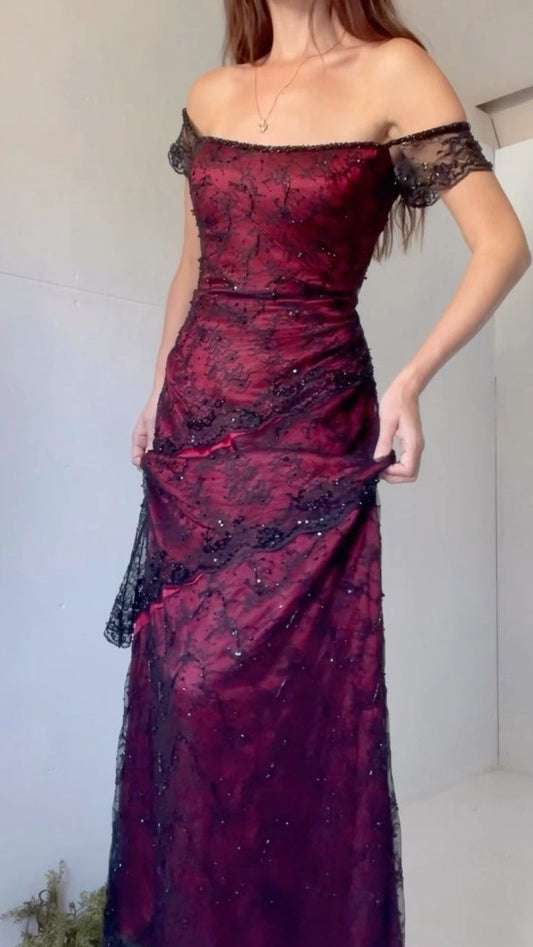 Black Red Lace Beaded Long Prom Dresses Mermaid Evening Party Dress,LTP4470