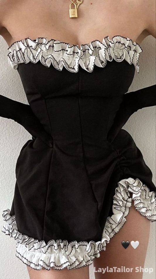 Black Ruffle Strapless Tight Homecoming Dresses Retro Short Formal Outfits