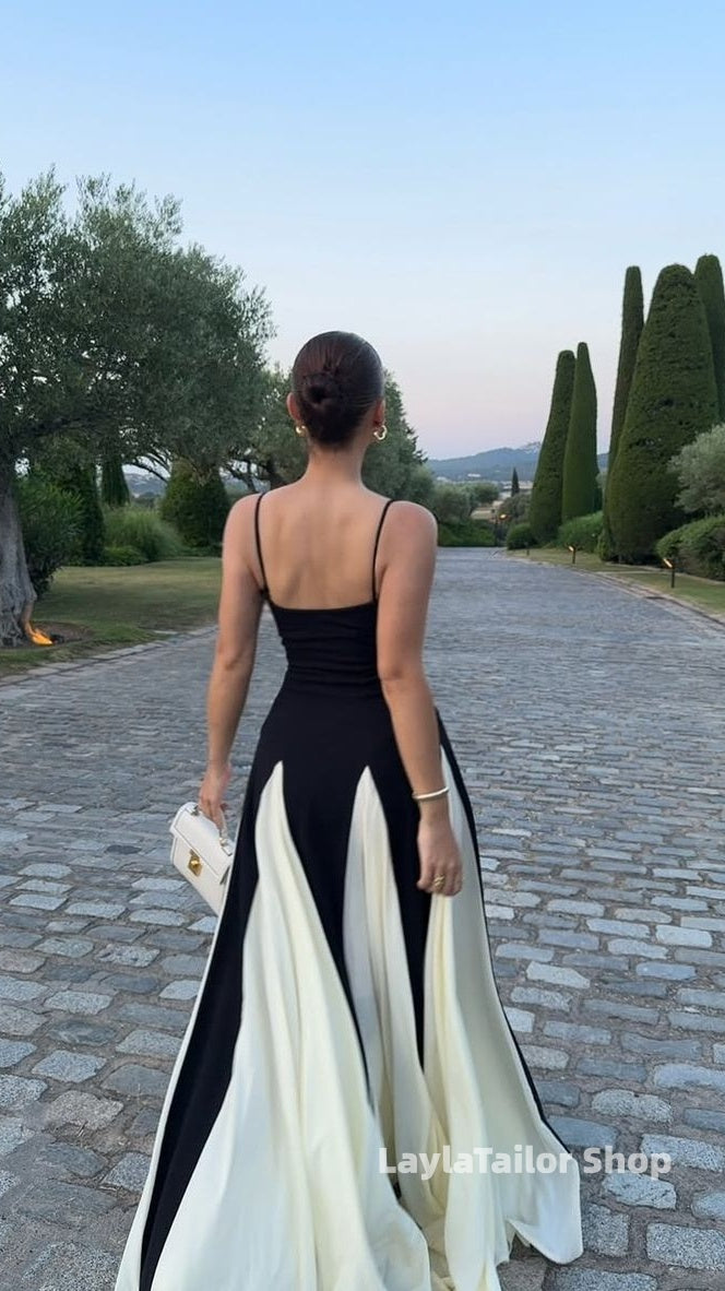 Black White Spaghetti Straps A-Line Prom Dresses,LTP4458