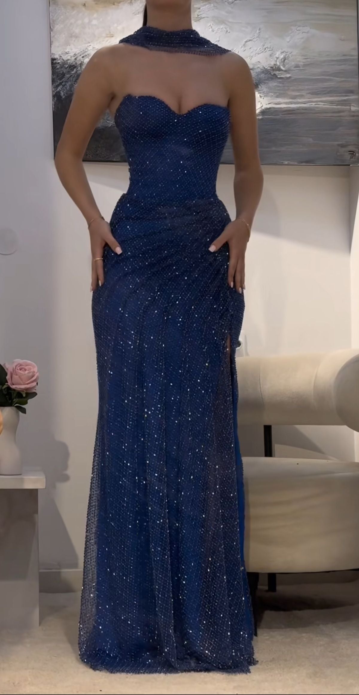 Blue Sequin Sheath Long Prom Dresses Sweetheart Evening Dance Dress,LTP4446
