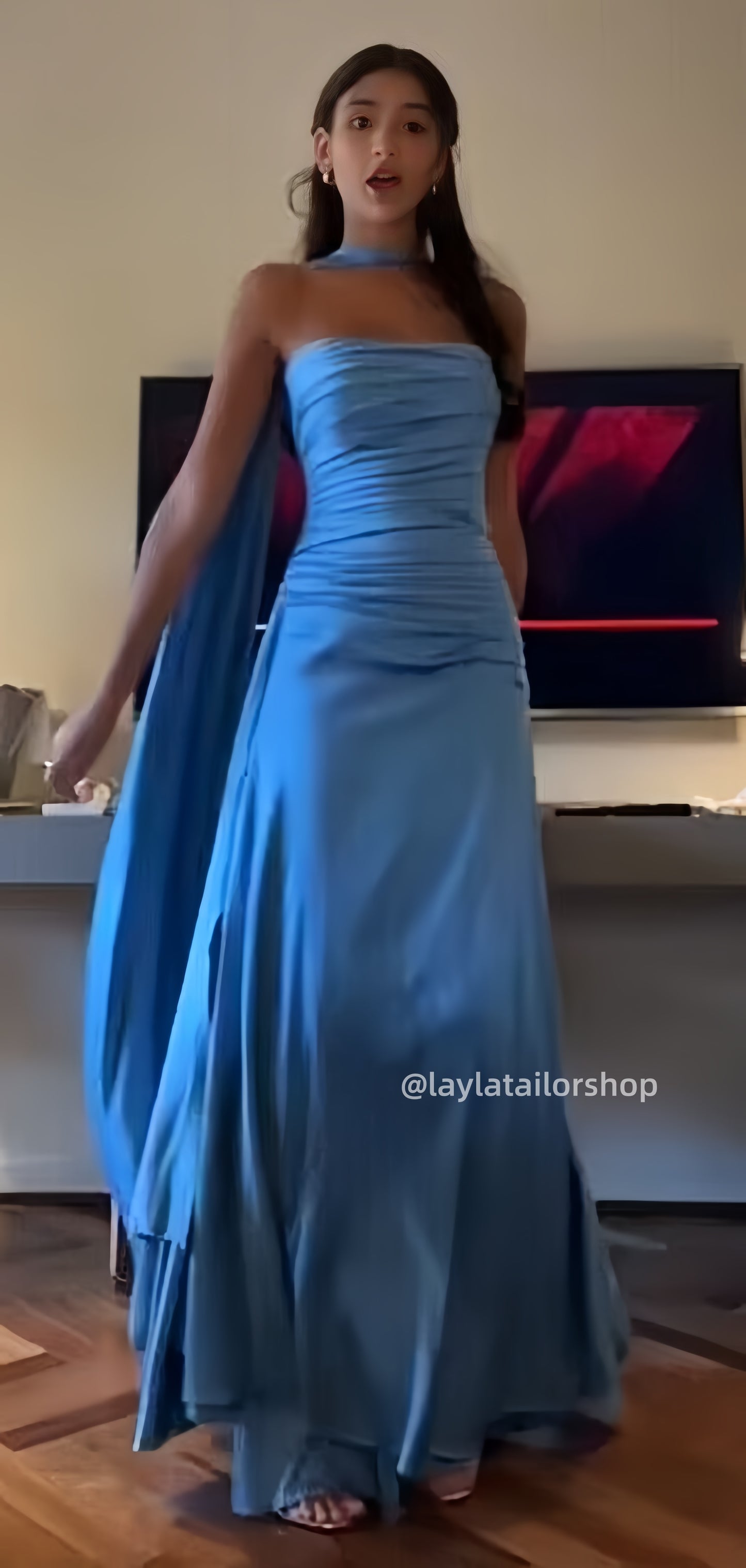 Blue Strapless Pleated Sheath Prom Dresses Satin Full Length Party Dress,LTP4365