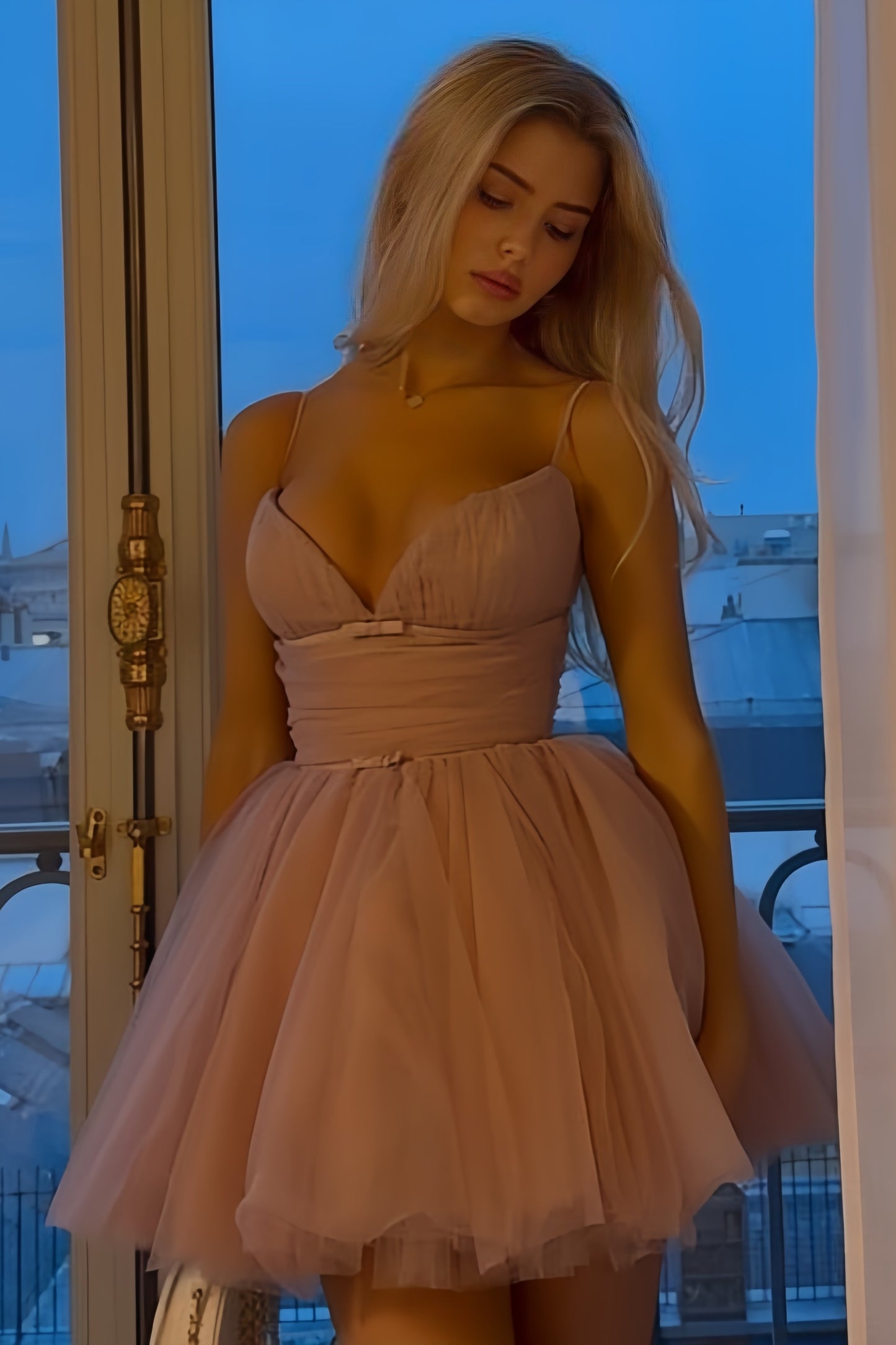 Blush Pink Tulle Homecoming Dresses Spaghetti Straps A-line Graduation Dress Short Prom Dress,LTP3833