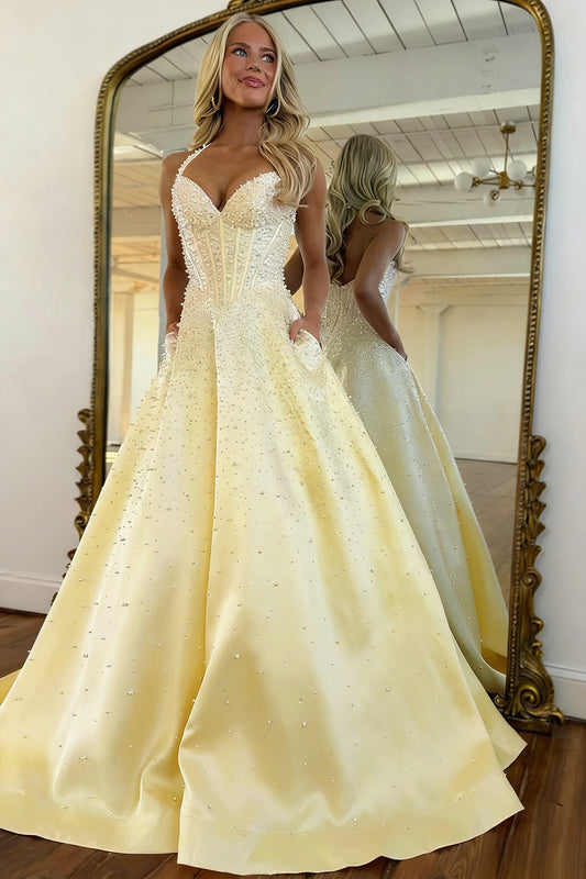 Blush Corset Pearl Ball Gown Prom Dress with Beaded Bodice & Full Skirt