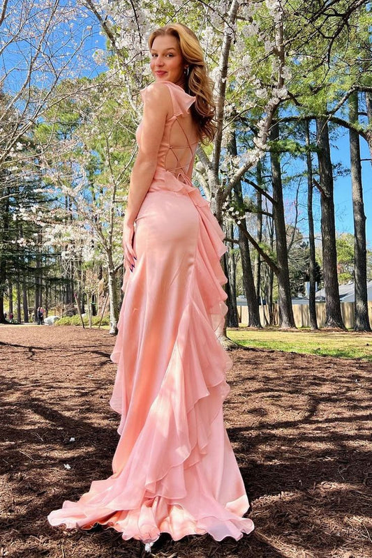 Blush Pink Chiffon Prom Dresses Ruffle Evening Gown, LTP3259