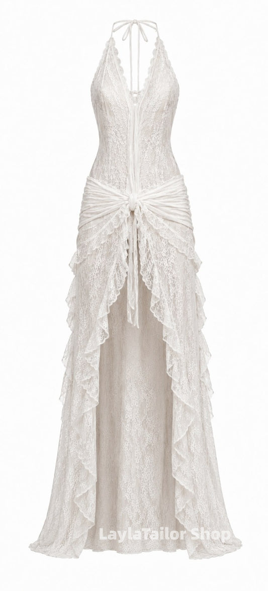 Bohemia White Lace Halter Long Party Dress Sexy Y2k Dresses LTP82614